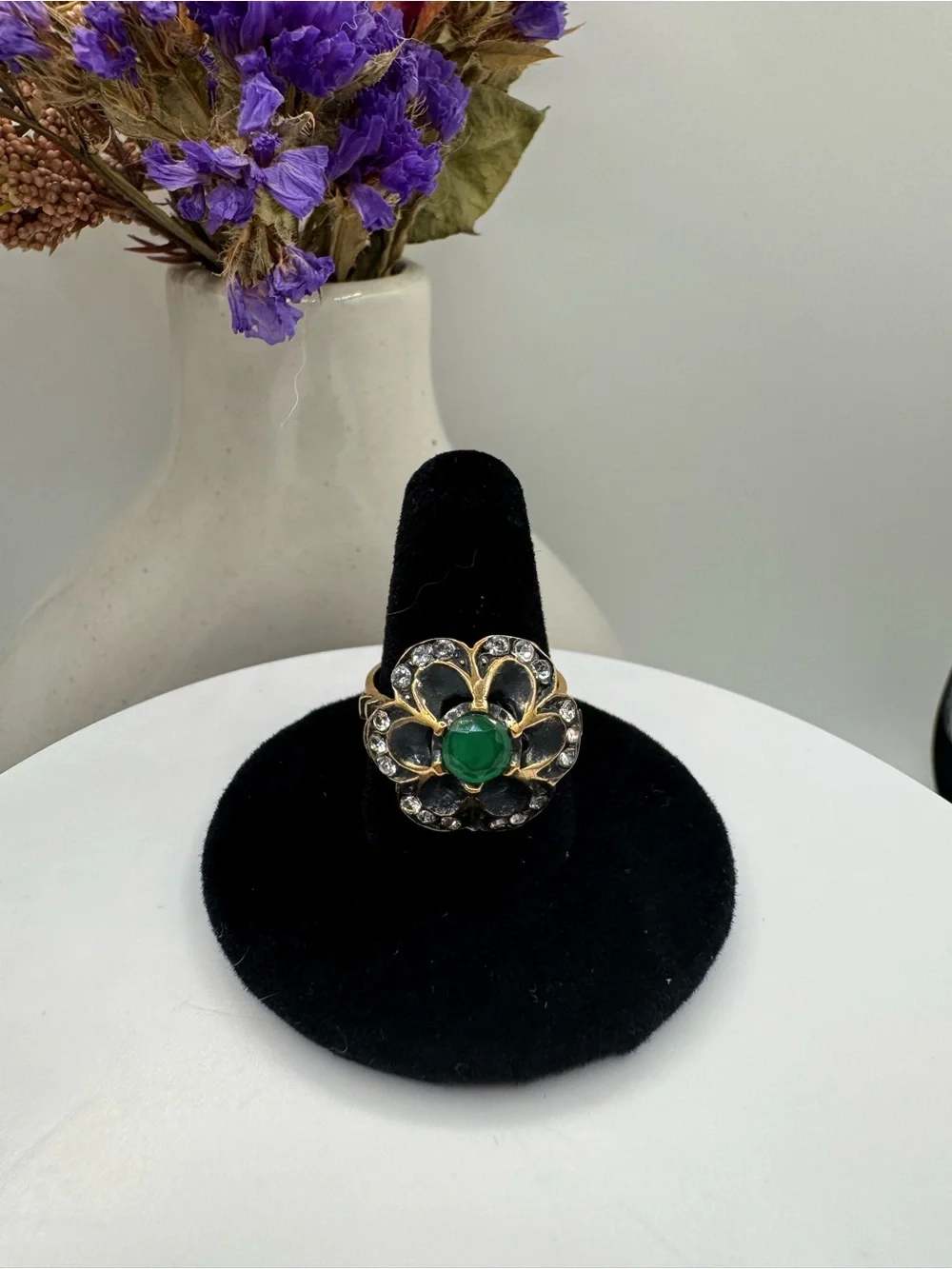 Vintage Floral Cocktail Ring with Green Cabochon & Crystal Accents (Size 8)